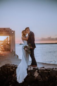sunset photoshoot of bride and groom