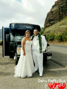 bride and groom outside shuttle bus