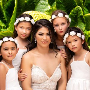 Bride with Young Girls wearing a floral headband