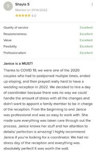 Online 5 star Review from a customer for Wedding Planner 808