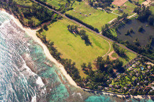 Aerial shot of an ocean front wedding venue at Dillingham Ranch