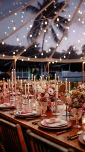 Beautiful Wedding Table Setting with candles and pink flowers as center pieces all under decorative string lights