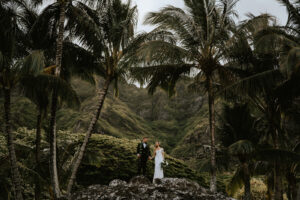 Bride and Groom hand in hand standing on a rock while surrounded by coconut trees and tropical mountains captured by Seeking Films